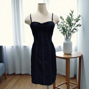 Cache Ruched Denim Corset Dress Size 4 Y2K Stitch Bodycon Club Midi Darkwash
